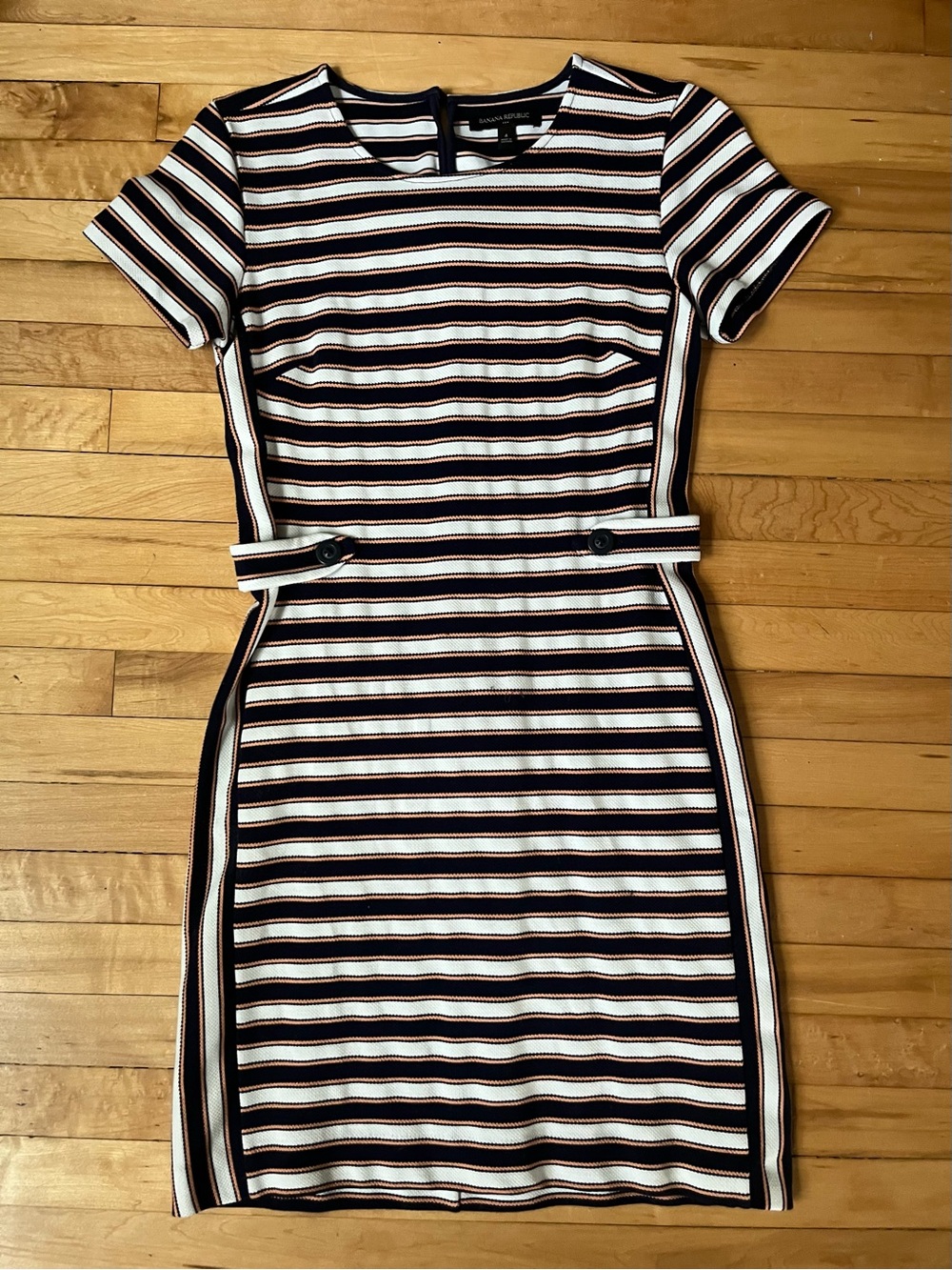 Banana Republic Black, White & Brown Striped Short-Sleeve Sheath Dress